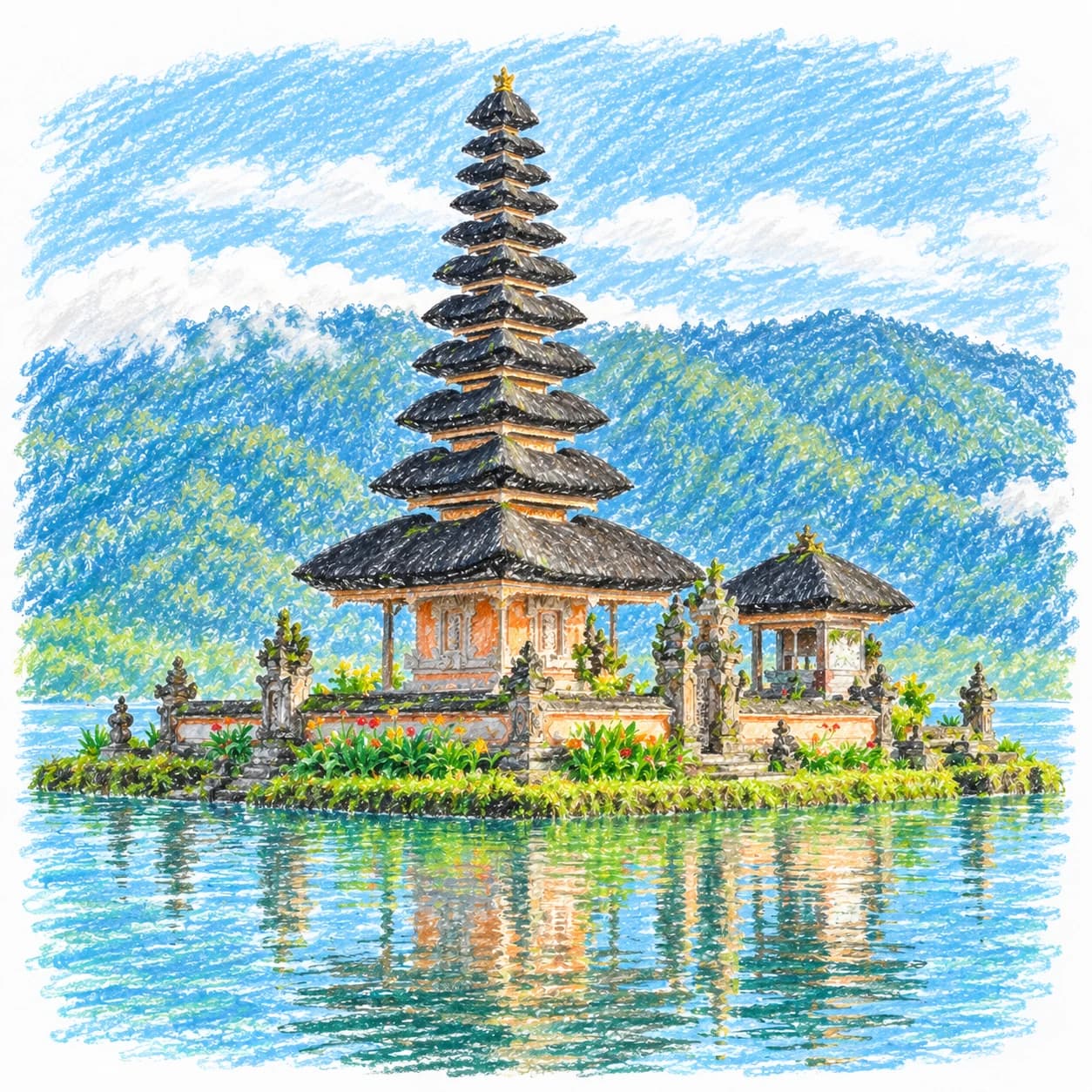 Modèle colorié: Coloriage de l'Indonésie : temple sur l'eau