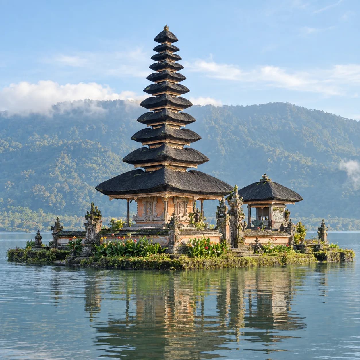 Photo réaliste: Coloriage de l'Indonésie : temple sur l'eau
