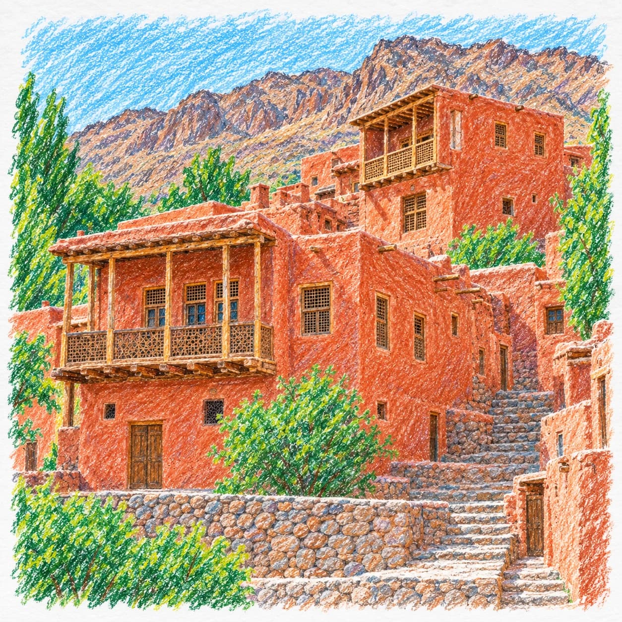 Modèle colorié: Coloriage de l'Iran : village de terre rouge