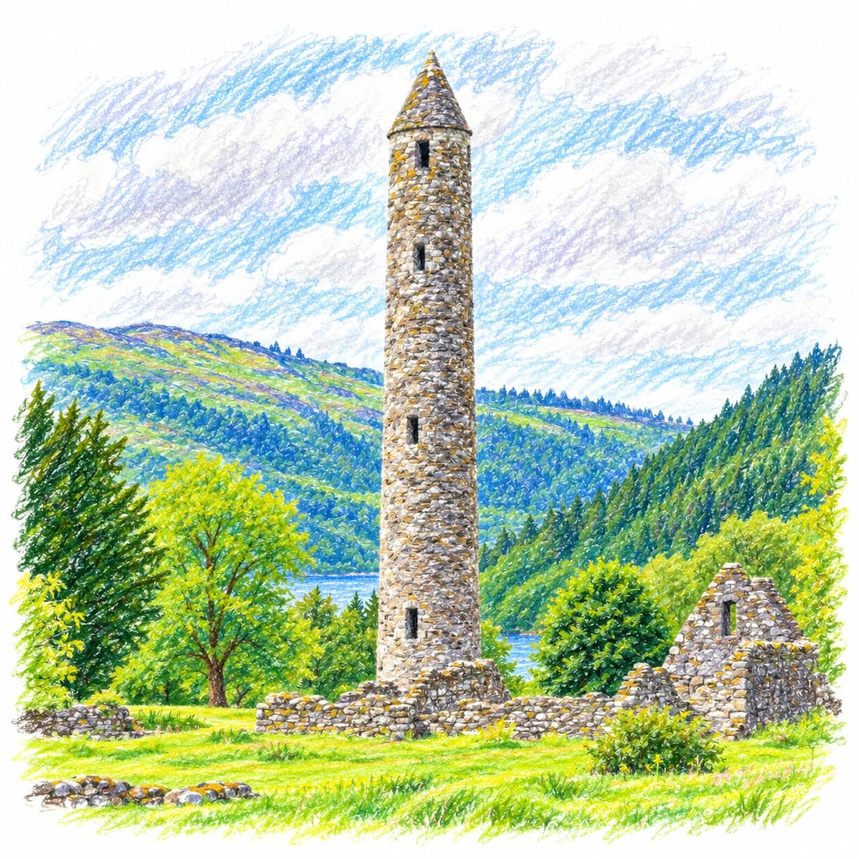 Colored model: Ireland coloring page: round tower and old church