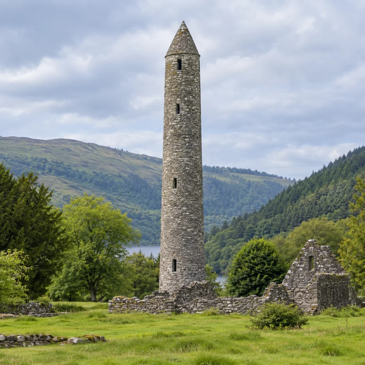 Photo réaliste: Coloriage de l'Irlande : tour ronde et église en ruine