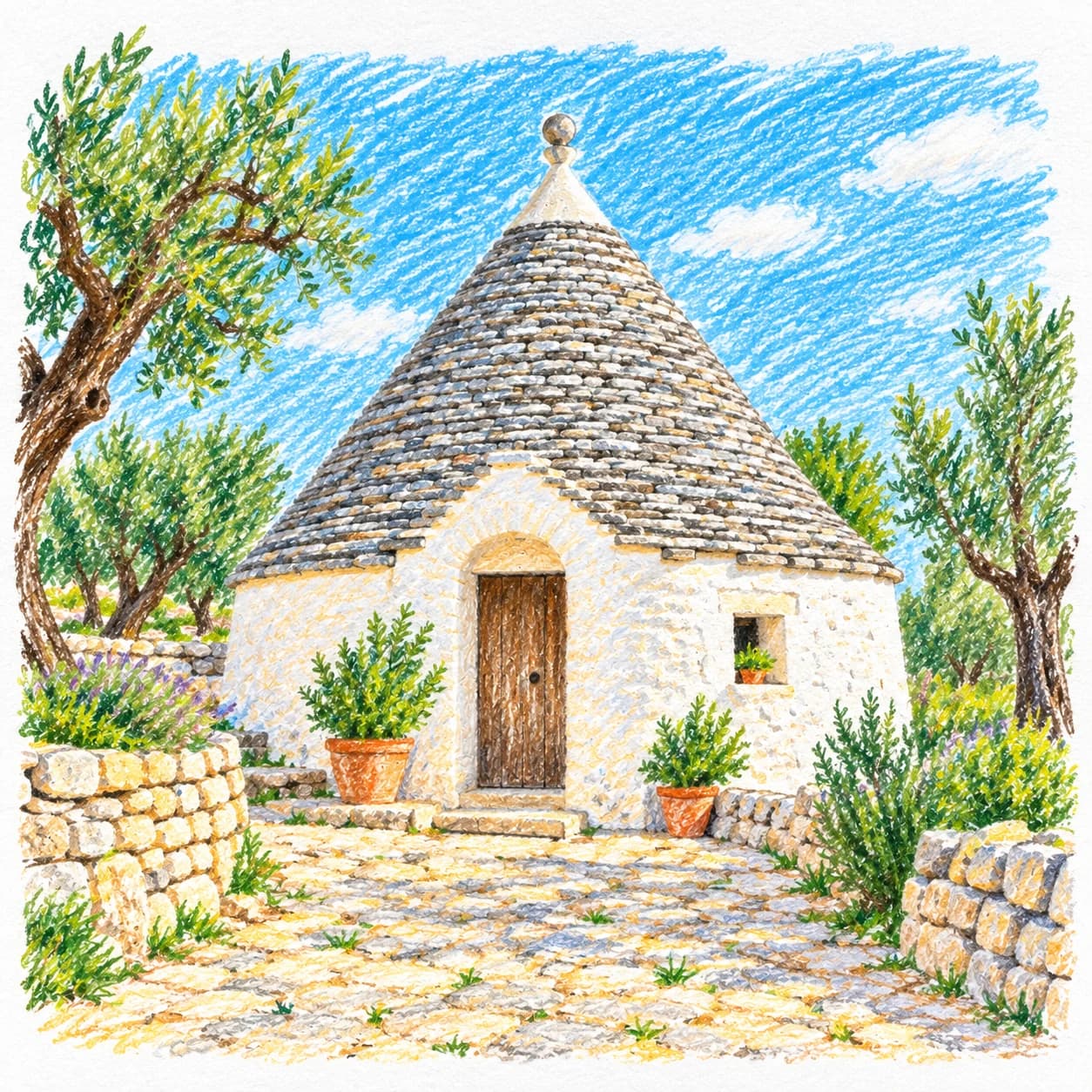 Modèle colorié: Coloriage de l'Italie : trullo parmi les oliviers
