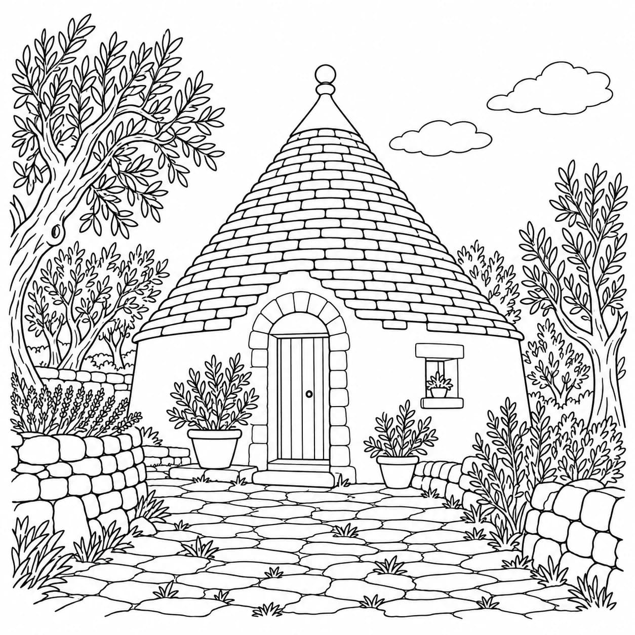 Coloriage: Coloriage de l'Italie : trullo parmi les oliviers