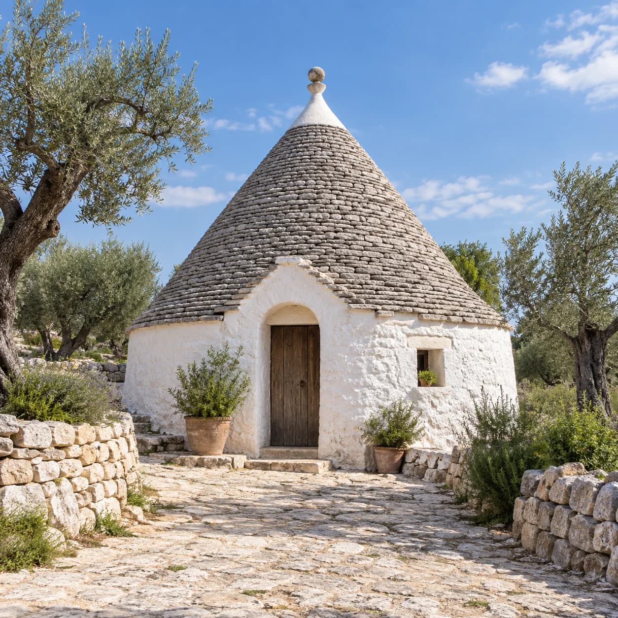 Photo réaliste: Coloriage de l'Italie : trullo parmi les oliviers