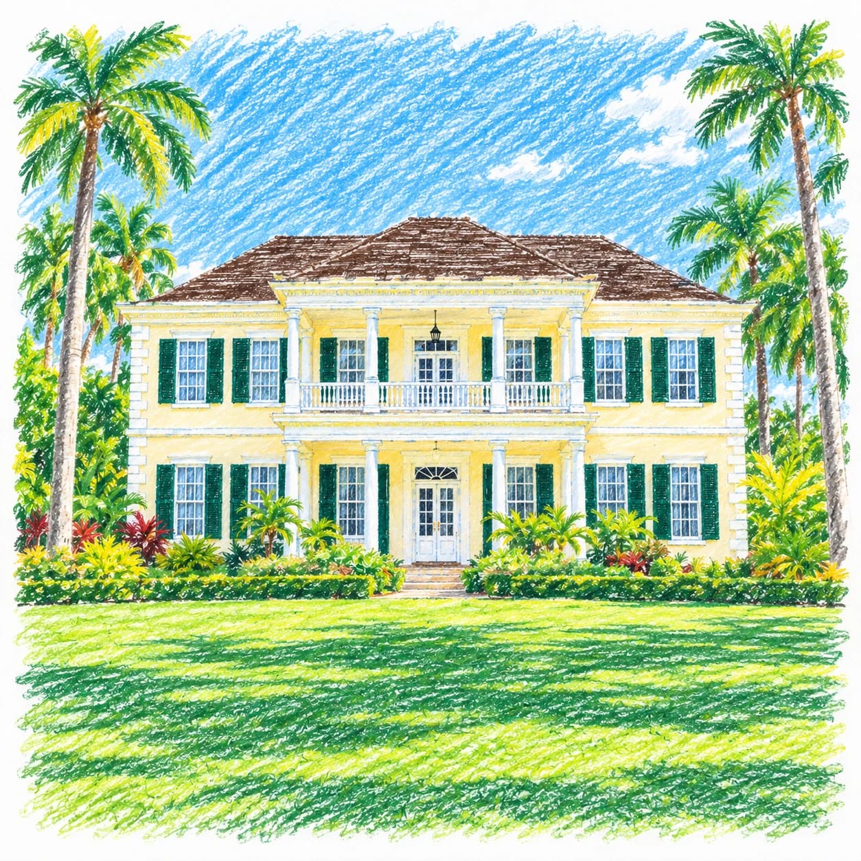 Modèle colorié: Coloriage de la Jamaïque : maison coloniale et palmiers