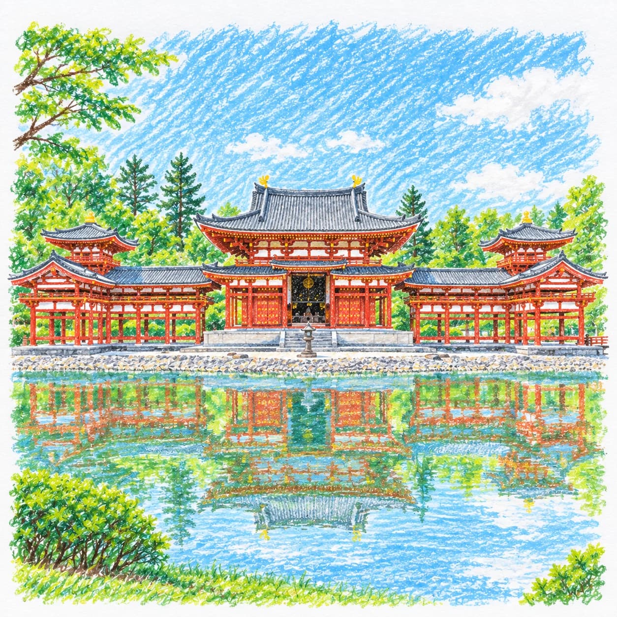 Modèle colorié: Coloriage du Japon : temple rouge au bord d'un étang