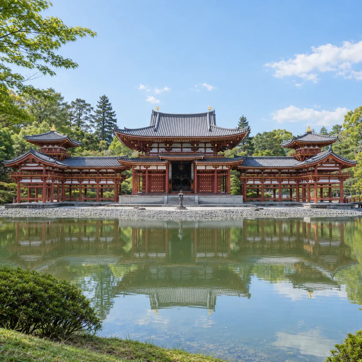 Photo réaliste: Coloriage du Japon : temple rouge au bord d'un étang