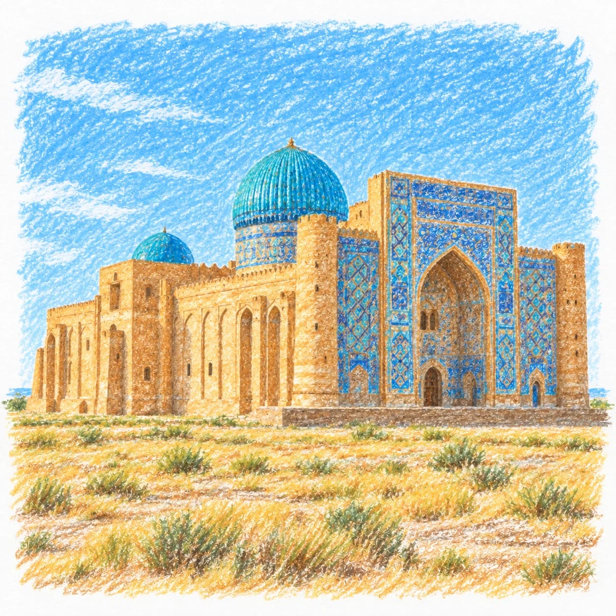 Colored model: Kazakhstan coloring page: blue-domed mausoleum