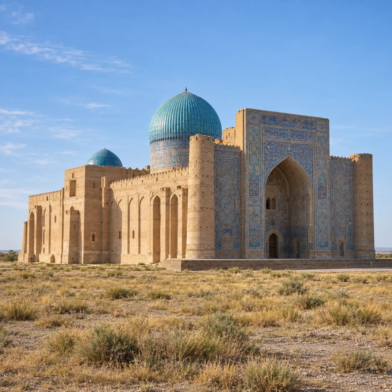 Photo réaliste: Coloriage du Kazakhstan : mausolée à coupole bleue