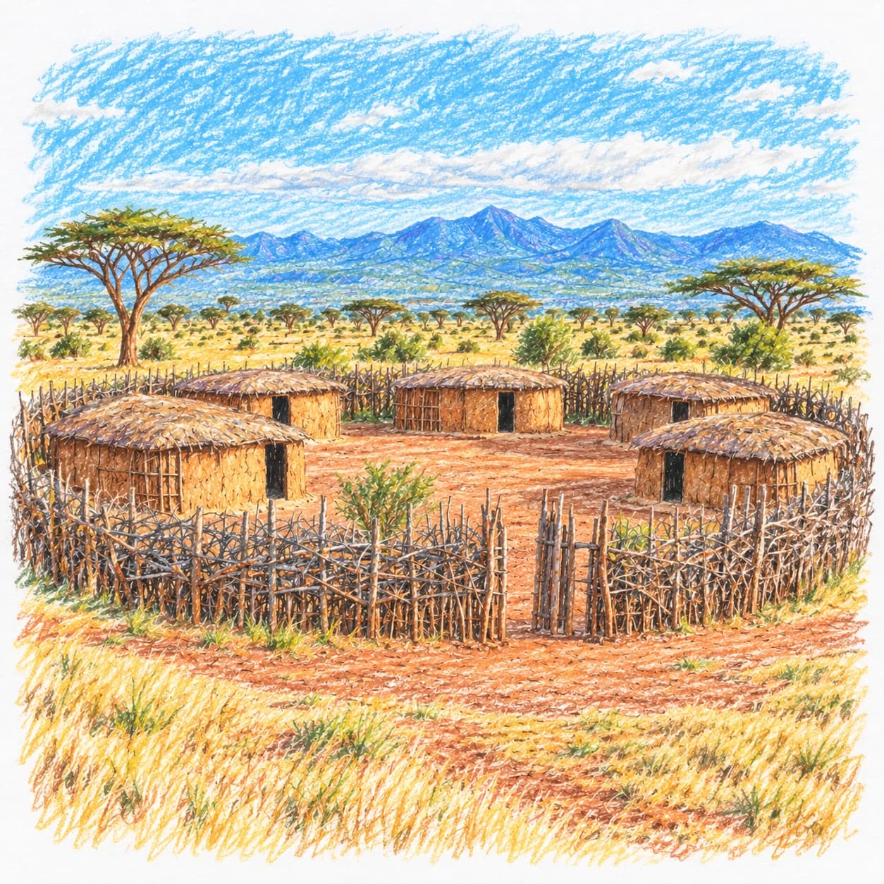 Colored model: Kenya coloring page: huts inside a wooden fence