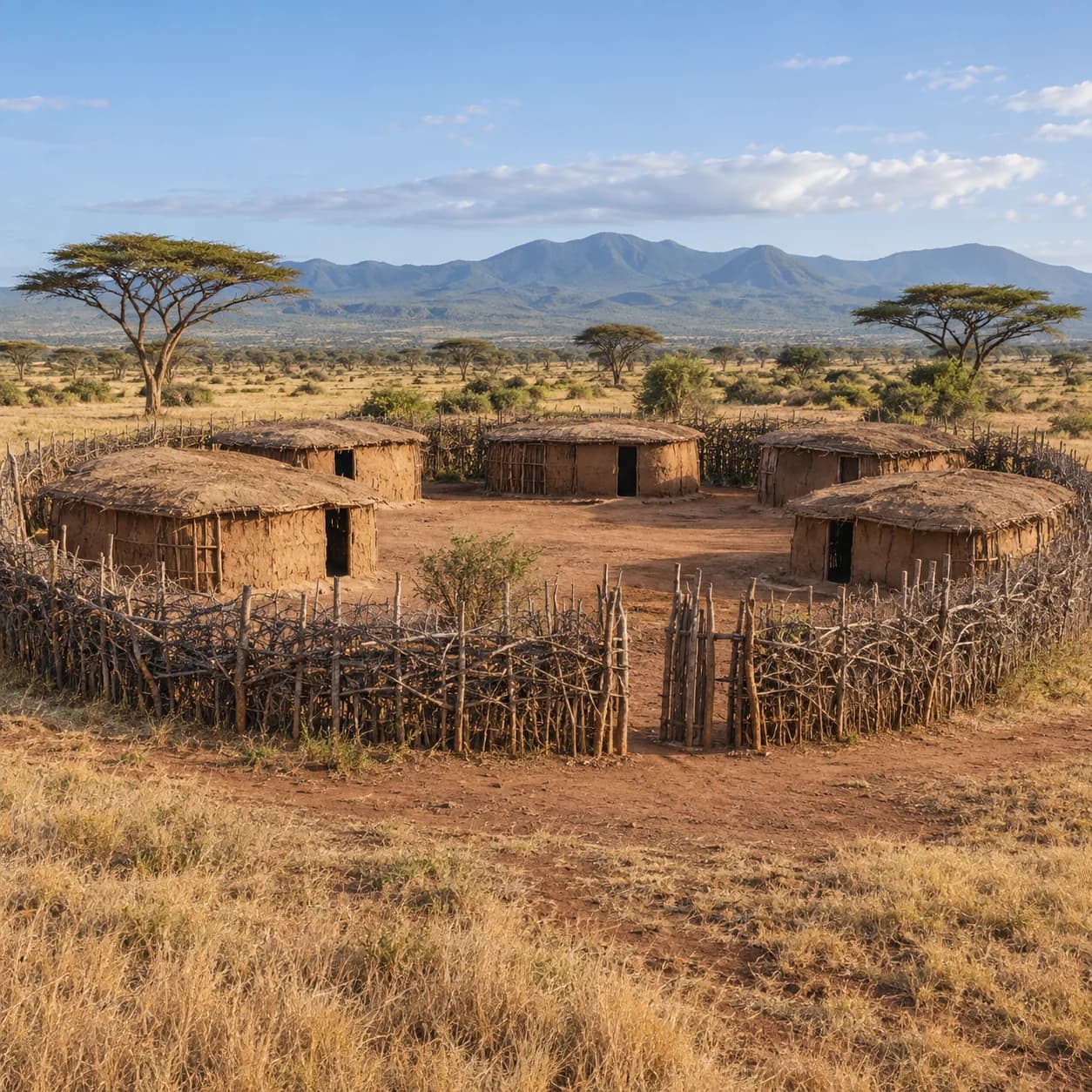 Photo réaliste: Coloriage du Kenya : huttes dans un enclos de branches