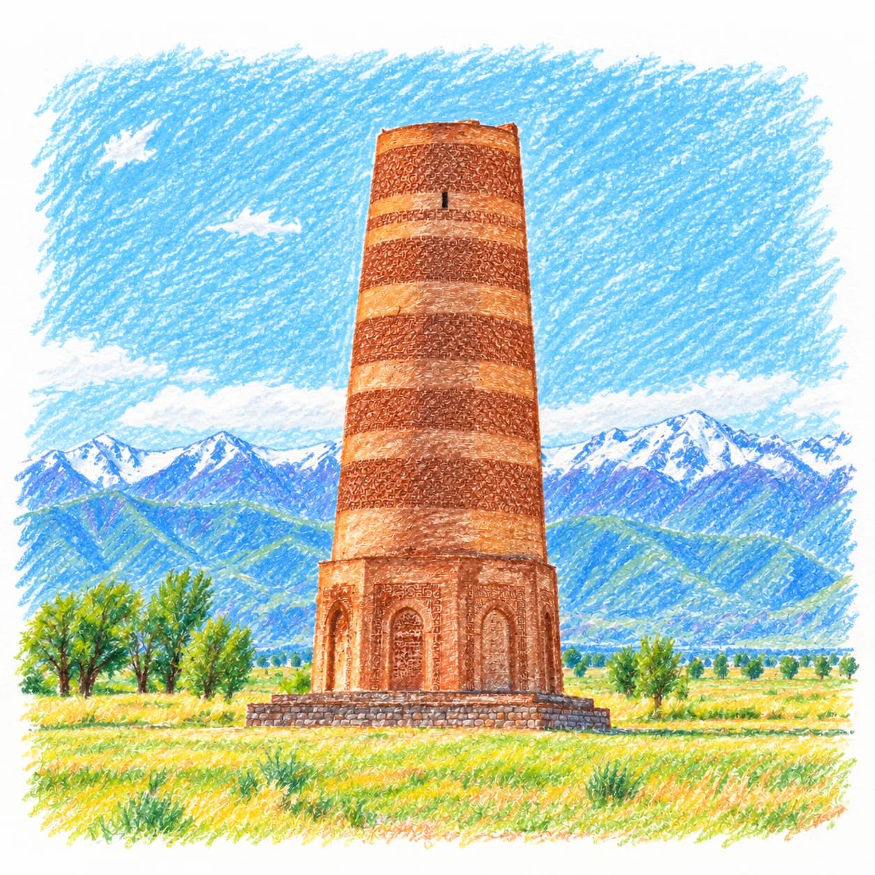 Modèle colorié: Coloriage du Kirghizistan : tour de brique et sommets