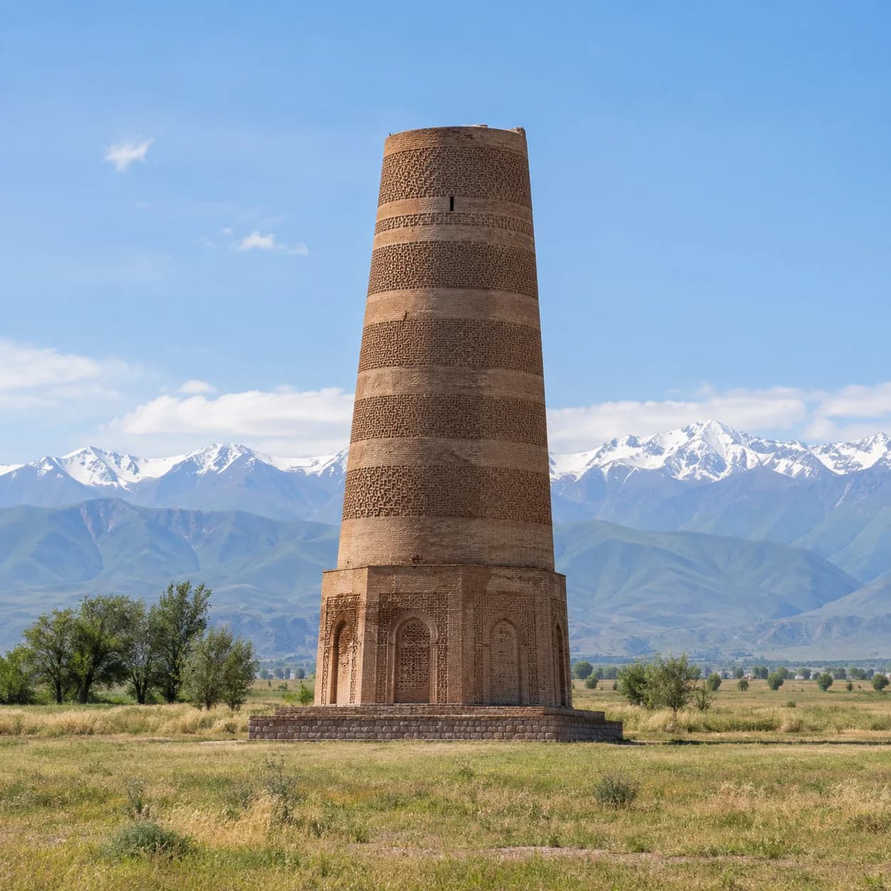Realistic source: Kyrgyzstan coloring page: brick tower and snowy peaks