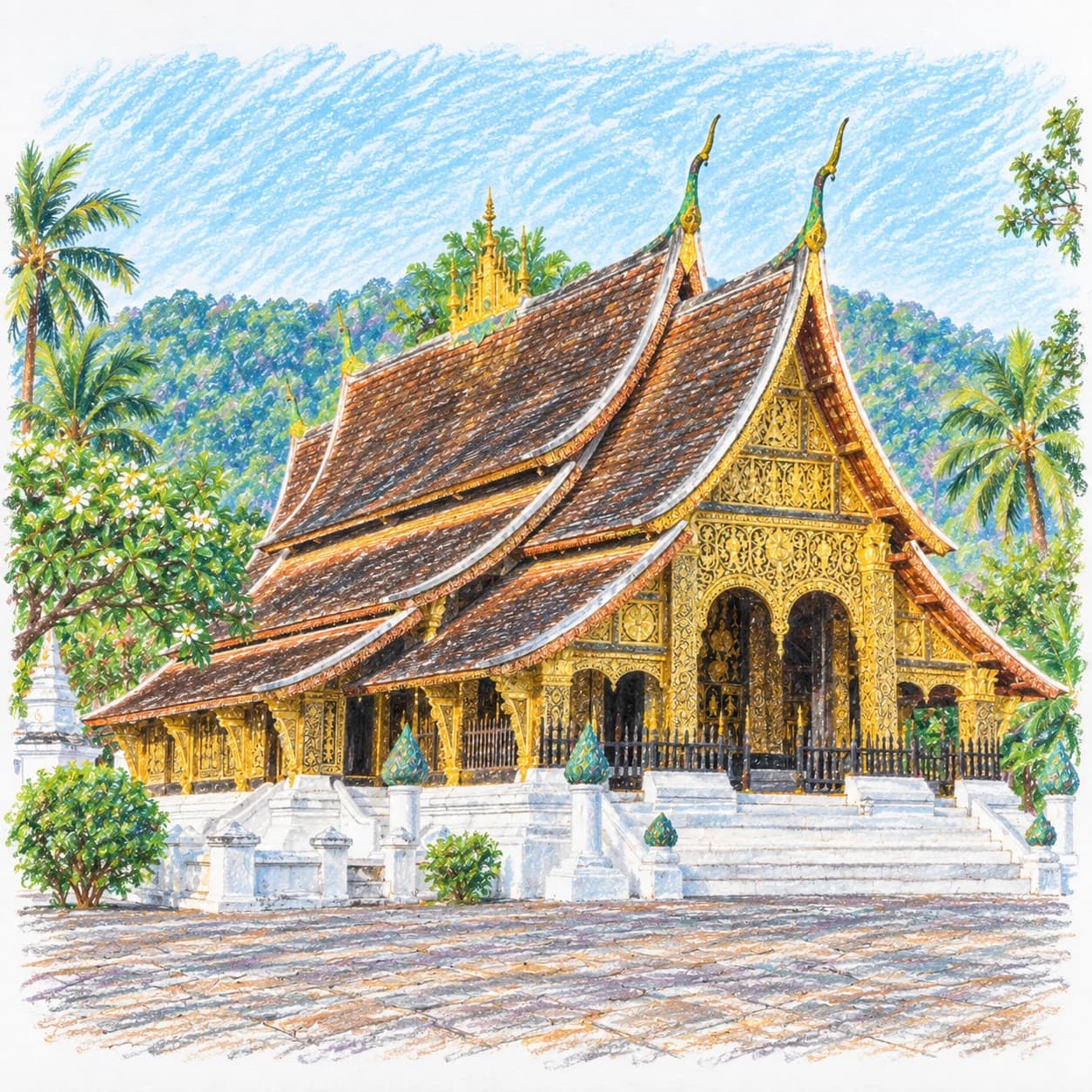 Modèle colorié: Coloriage du Laos : temple bouddhiste à façade dorée