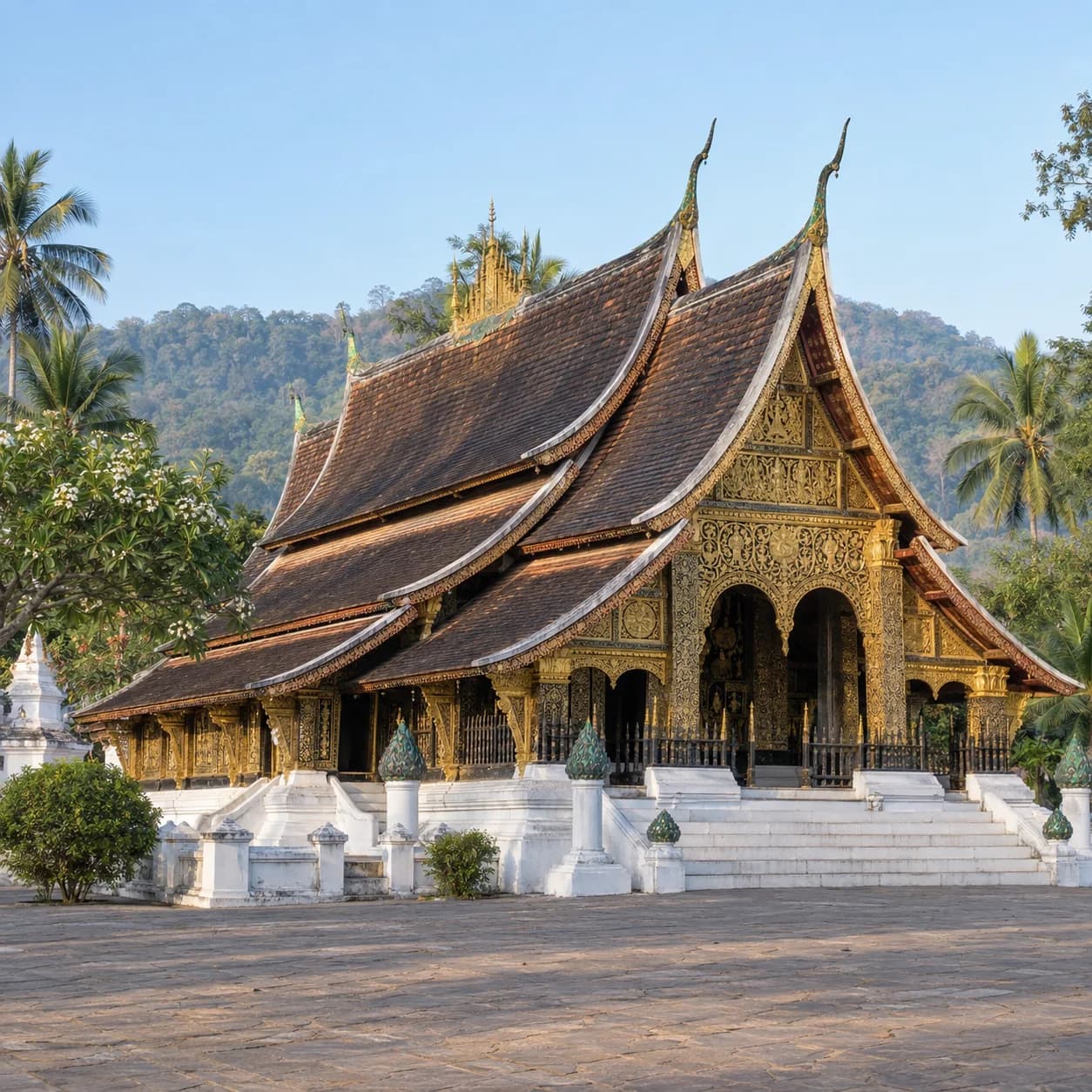 Realistic source: Laos coloring page: Buddhist temple with gold facade