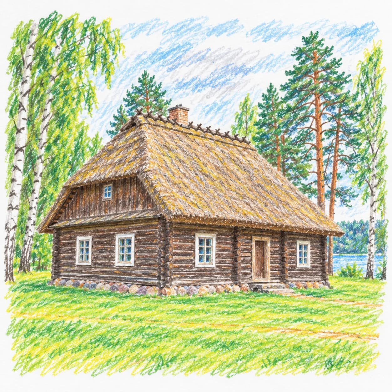 Colored model: Latvia coloring page: thatched log cabin