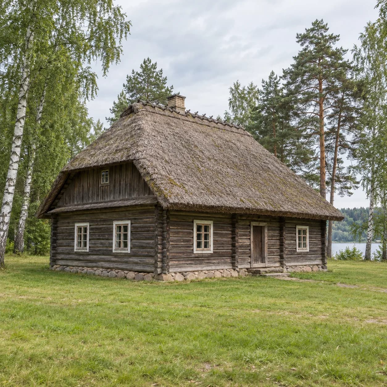 Photo réaliste: Coloriage de la Lettonie : maison de bois au toit de chaume