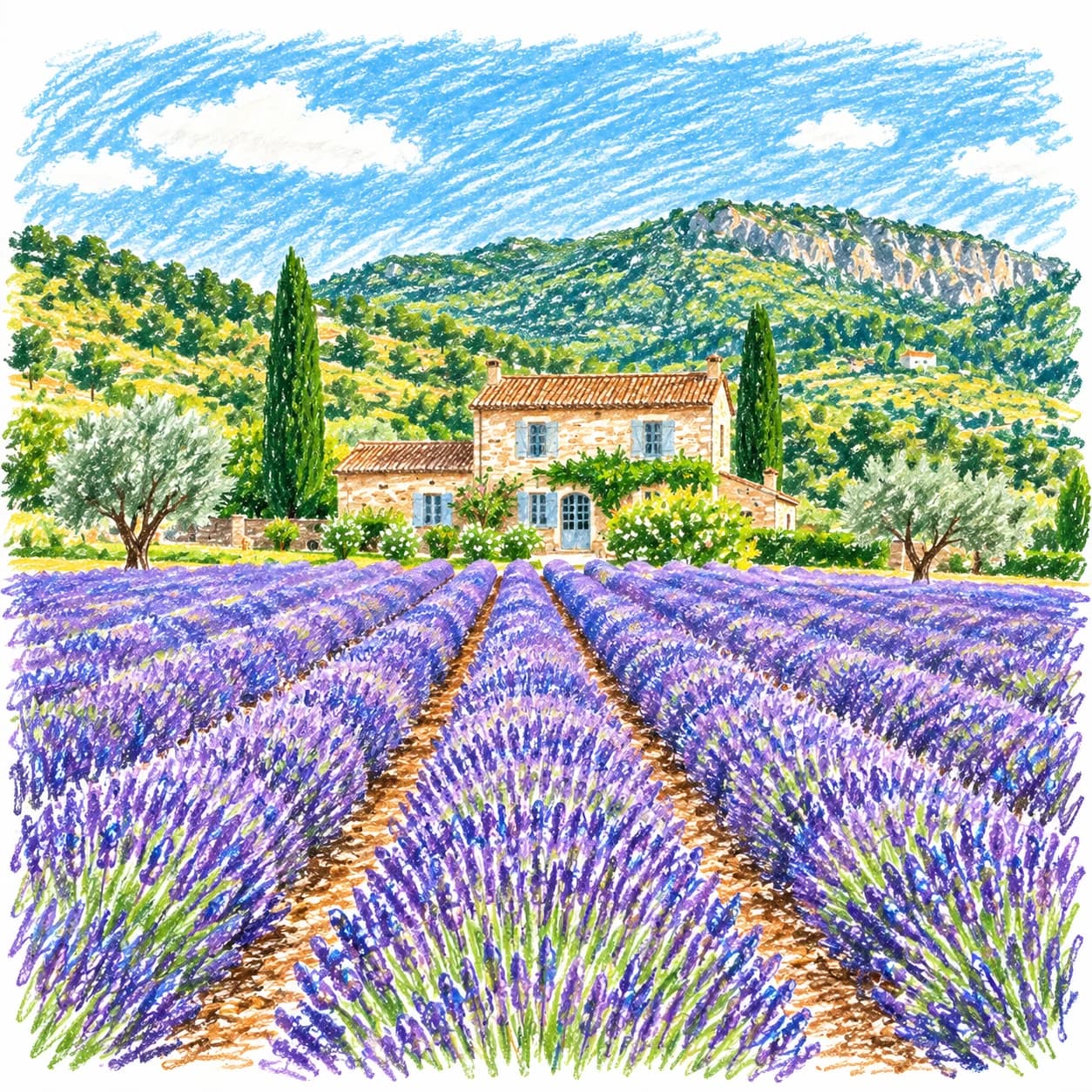 Colored model: Provence lavender field coloring page