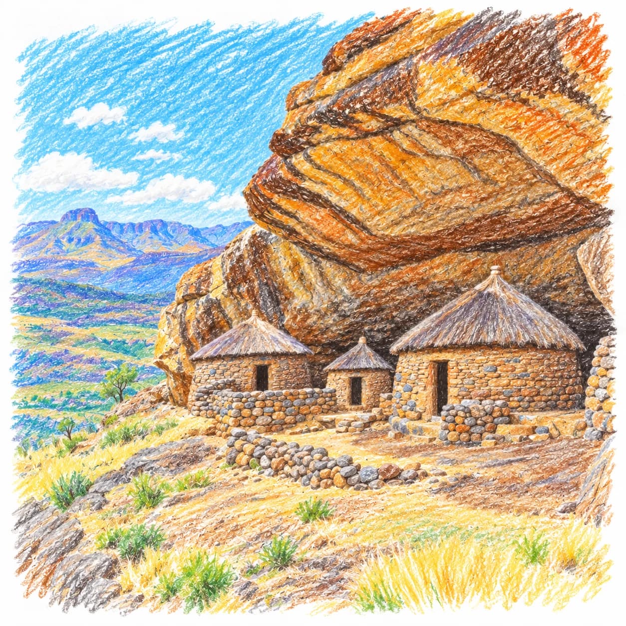 Modèle colorié: Coloriage du Lesotho : huttes sous un abri rocheux