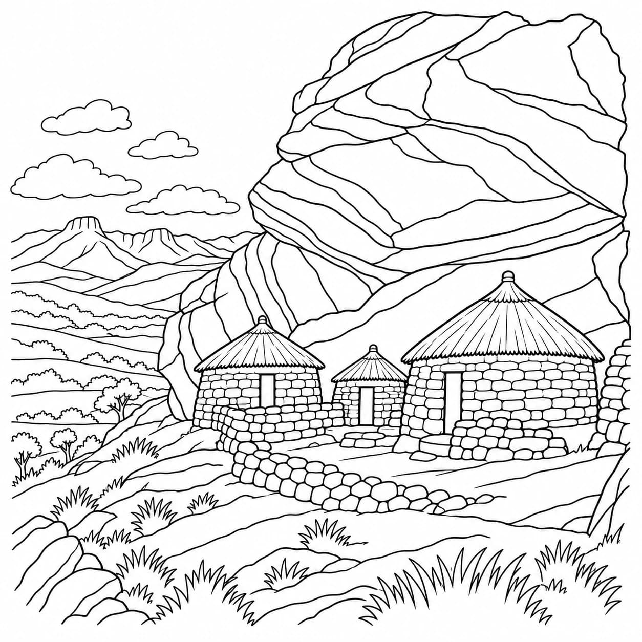Coloring: Lesotho coloring page: stone huts under a cliff