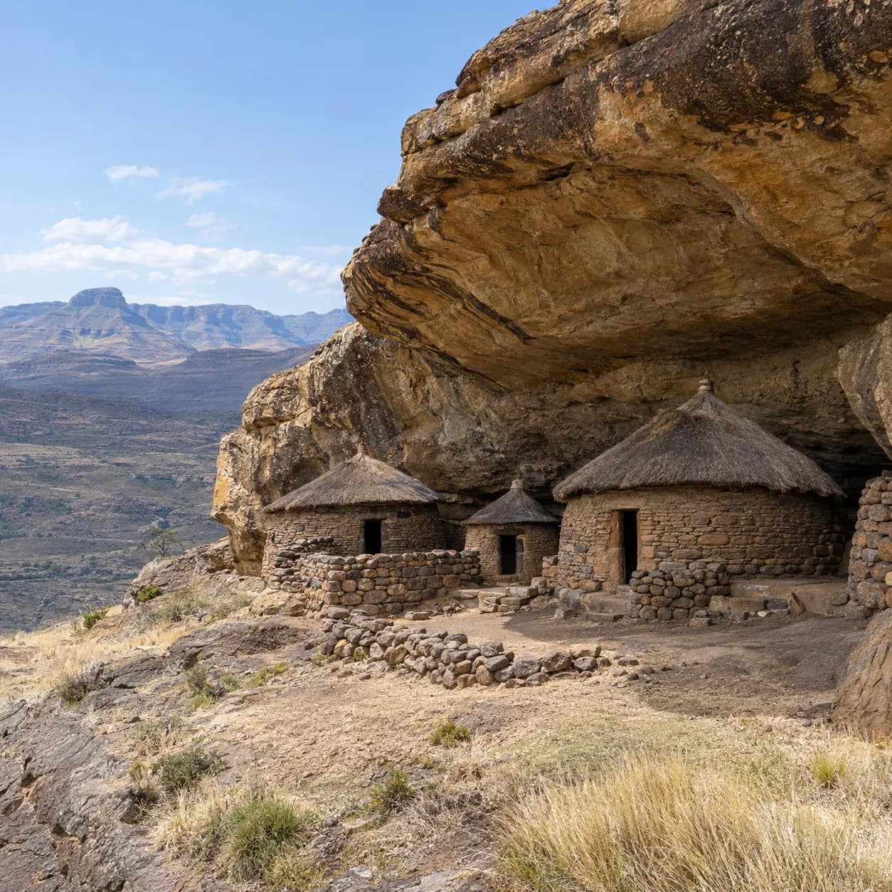 Photo réaliste: Coloriage du Lesotho : huttes sous un abri rocheux