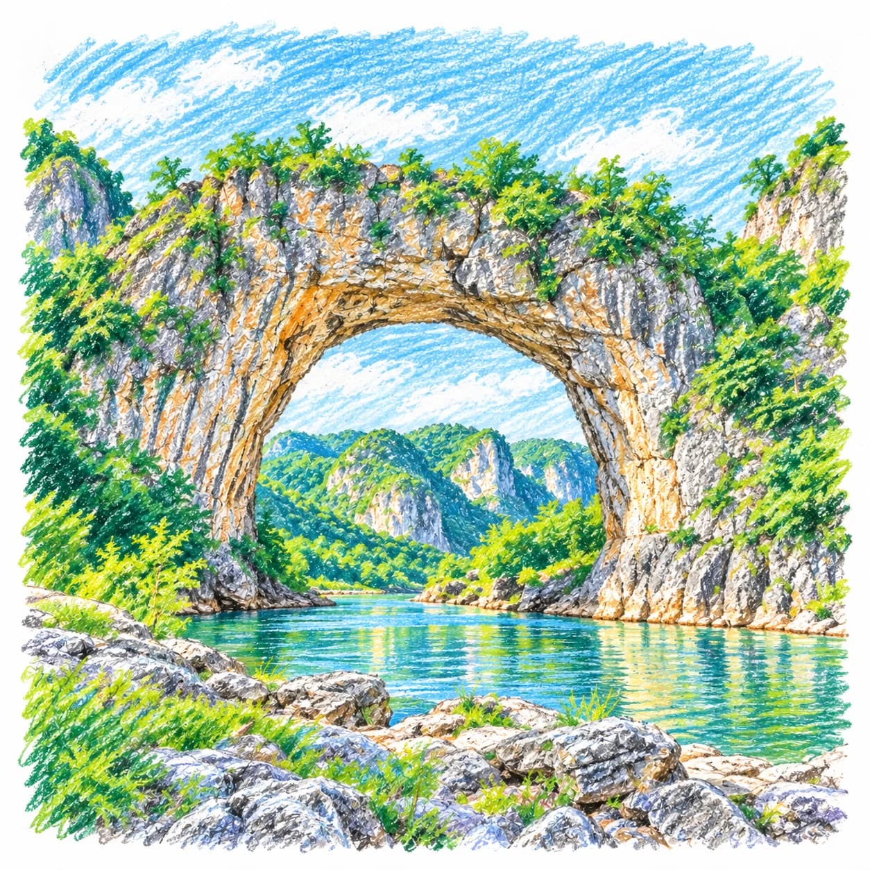 Modèle colorié: Coloriage d'un karst calcaire : arche naturelle