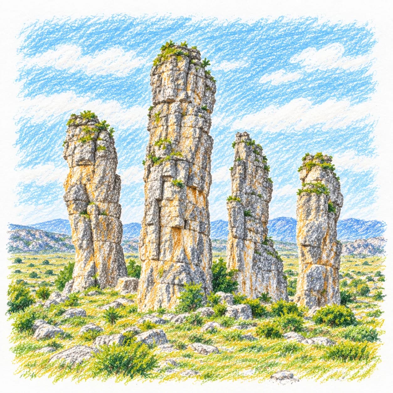 Modèle colorié: Coloriage d'un karst calcaire : piliers rocheux