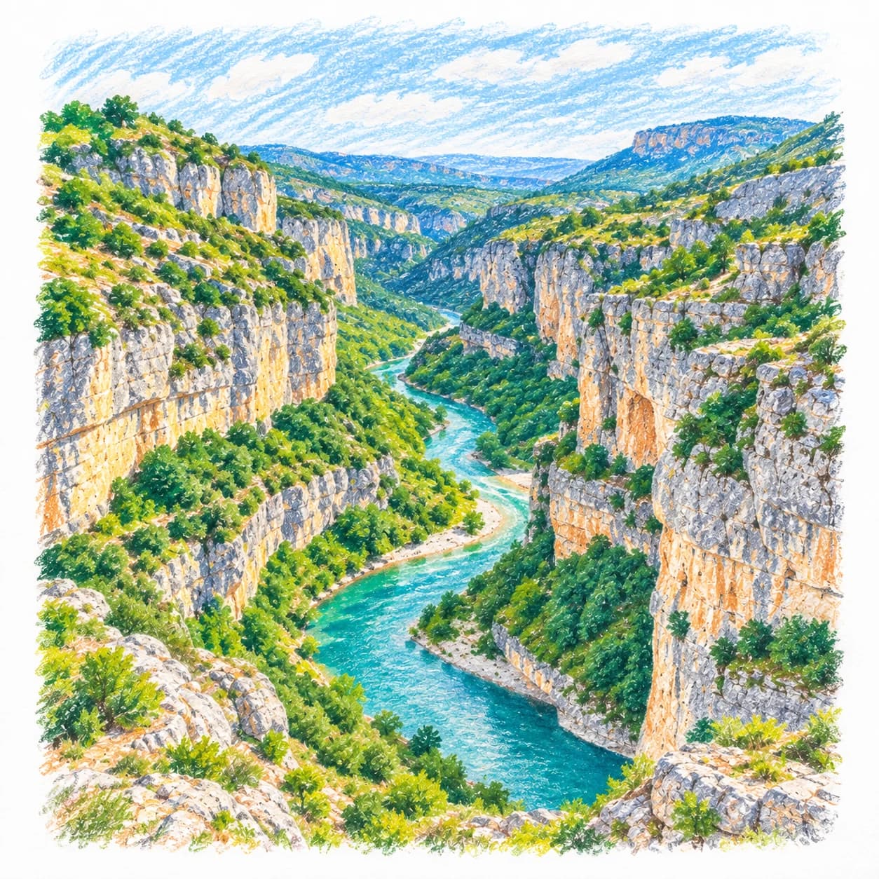 Modèle colorié: Coloriage d'un karst calcaire : gorge sinueuse