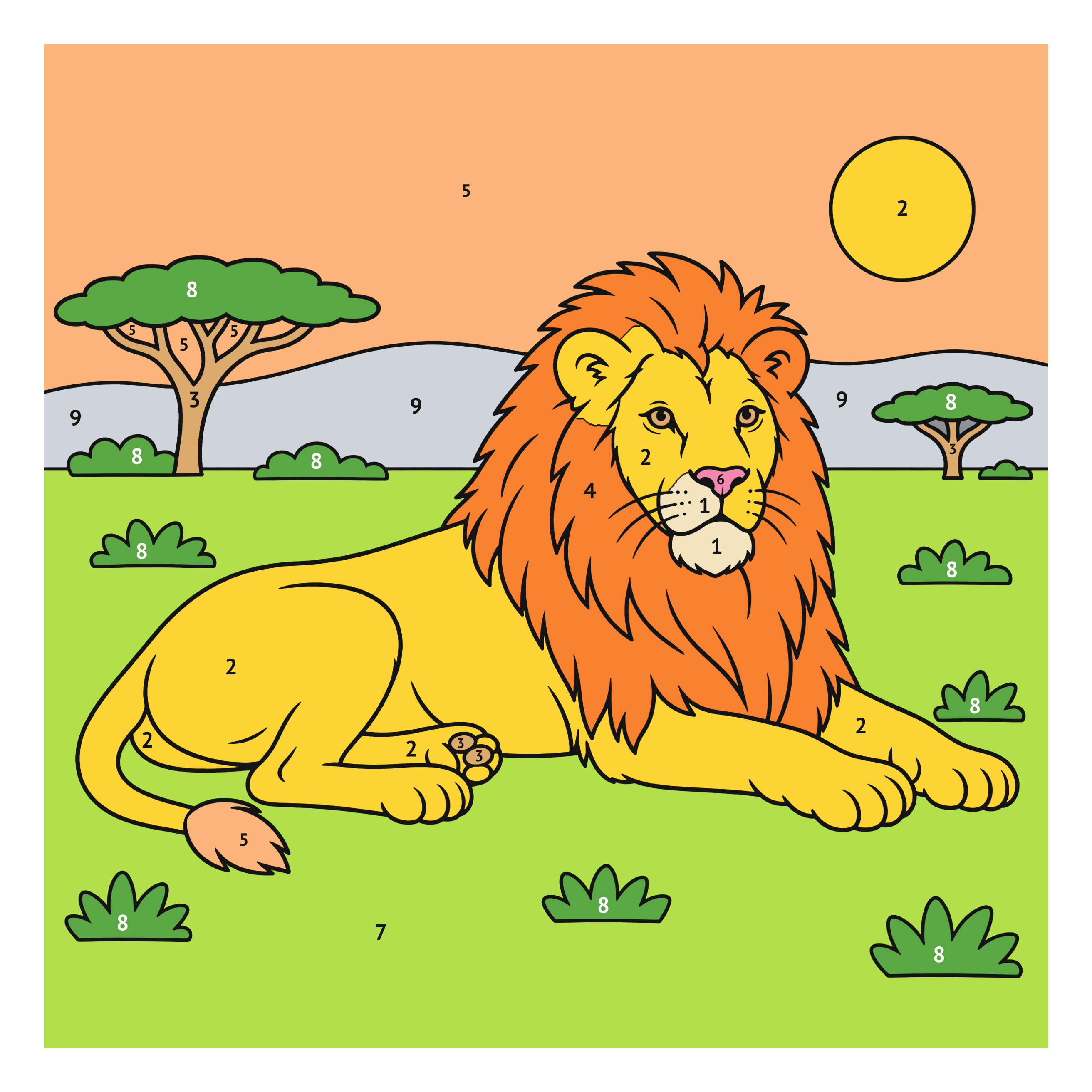 Colored model: Lion color by number printable