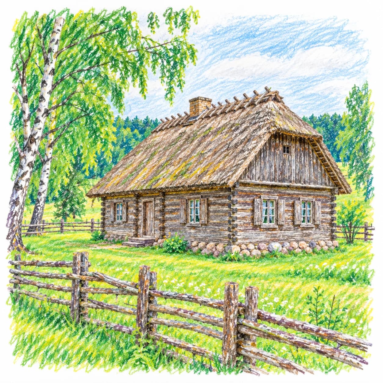 Modèle colorié: Coloriage de la Lituanie : chaumière en rondins