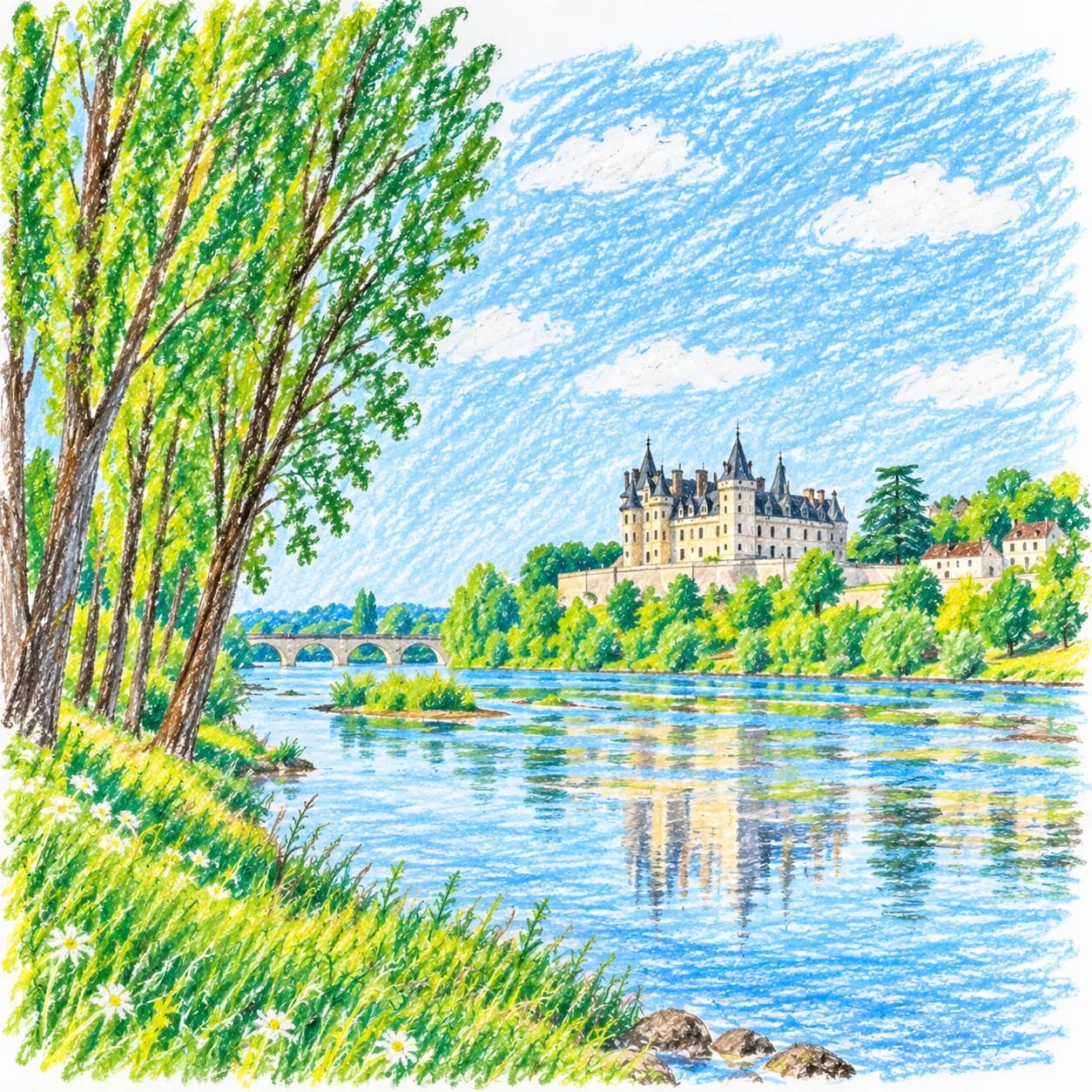 Colored model: Loire river landscape coloring page