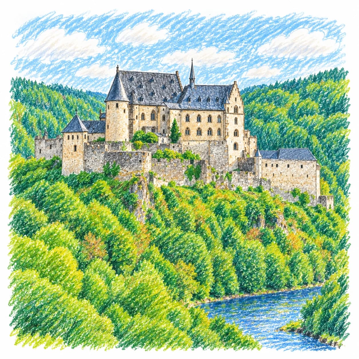 Modèle colorié: Coloriage du Luxembourg : château au-dessus d'une rivière