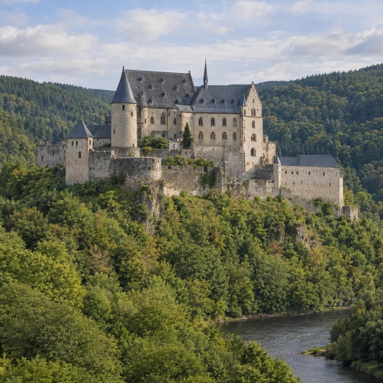 Realistic source: Luxembourg coloring page: castle above a river