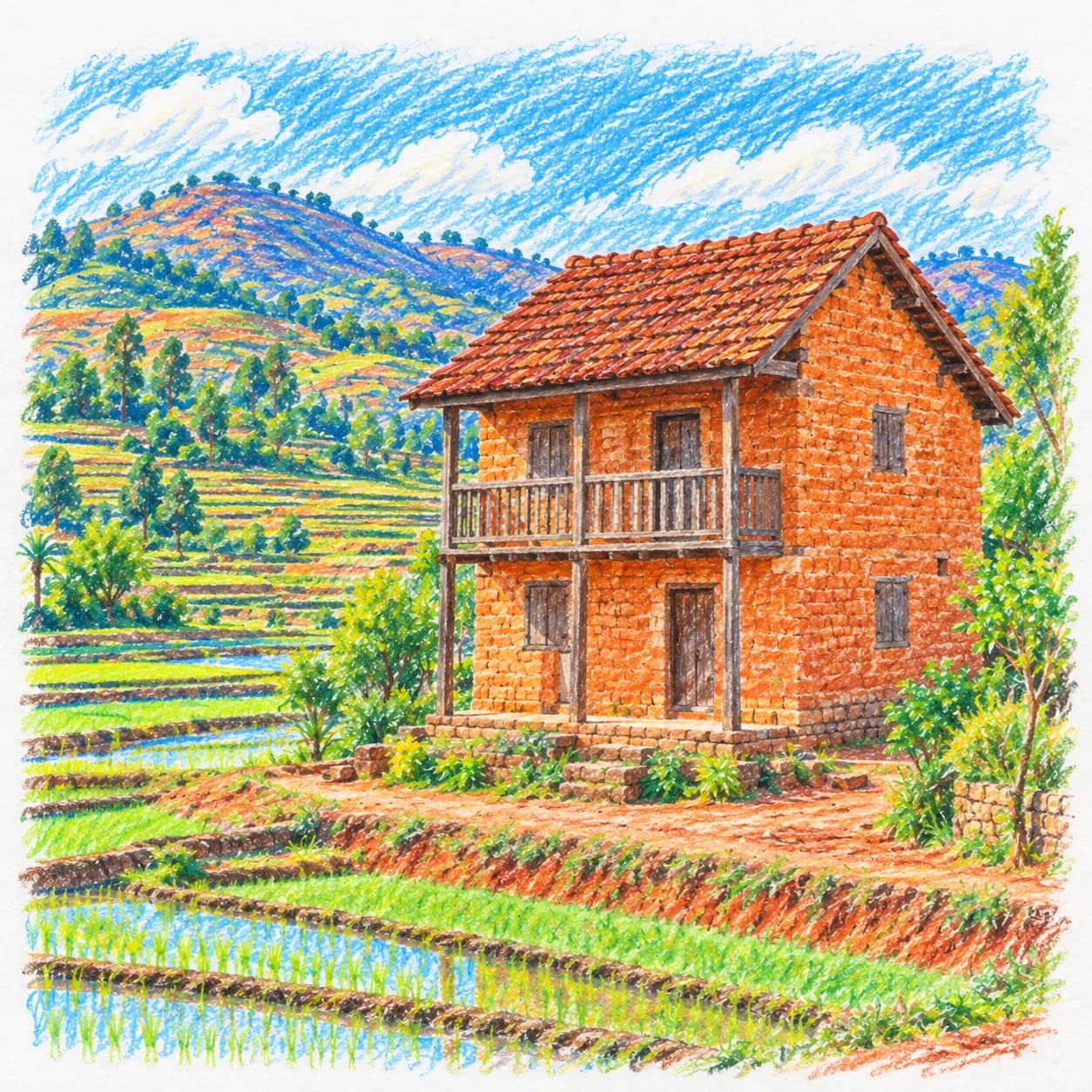 Modèle colorié: Coloriage de Madagascar : maison et rizières