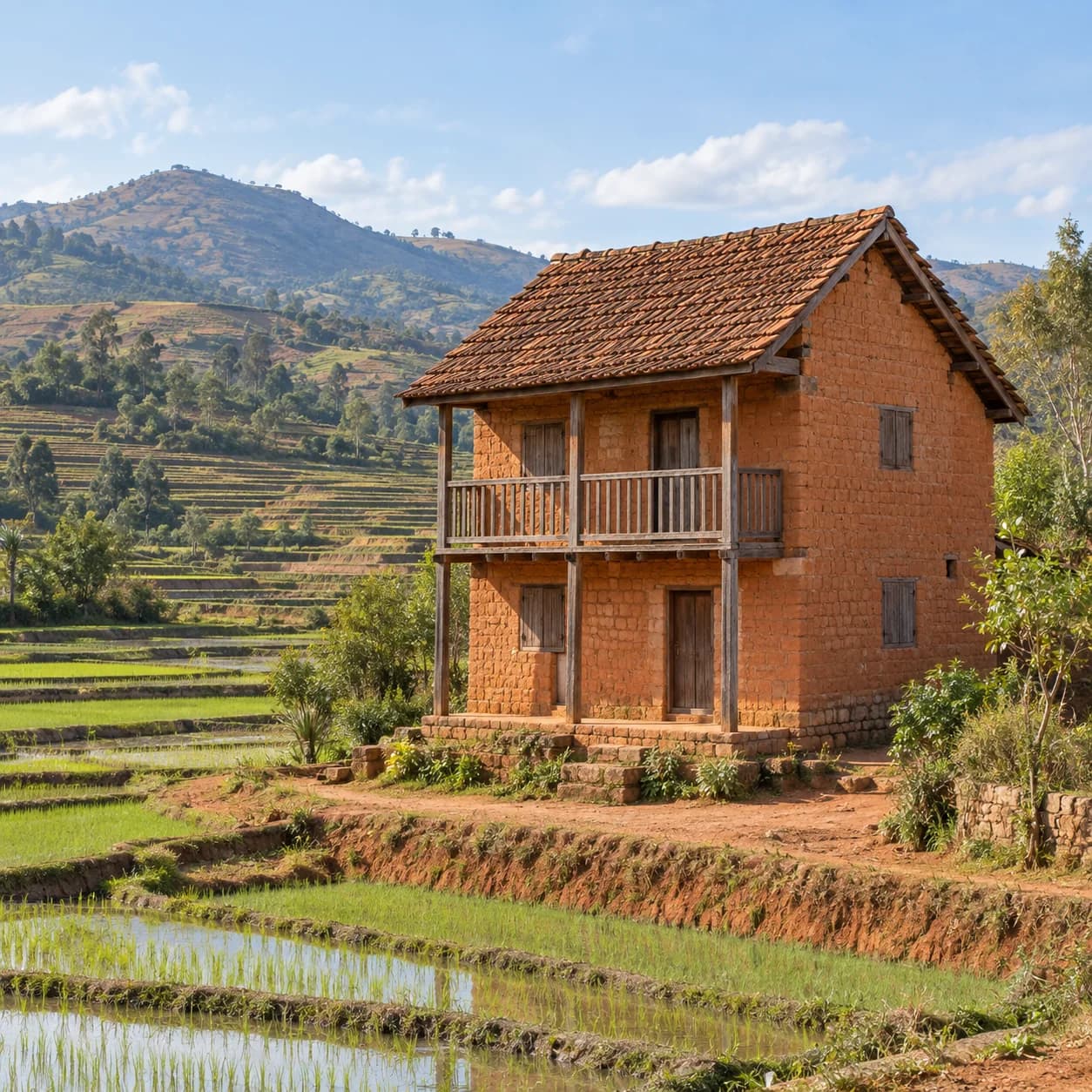 Photo réaliste: Coloriage de Madagascar : maison et rizières