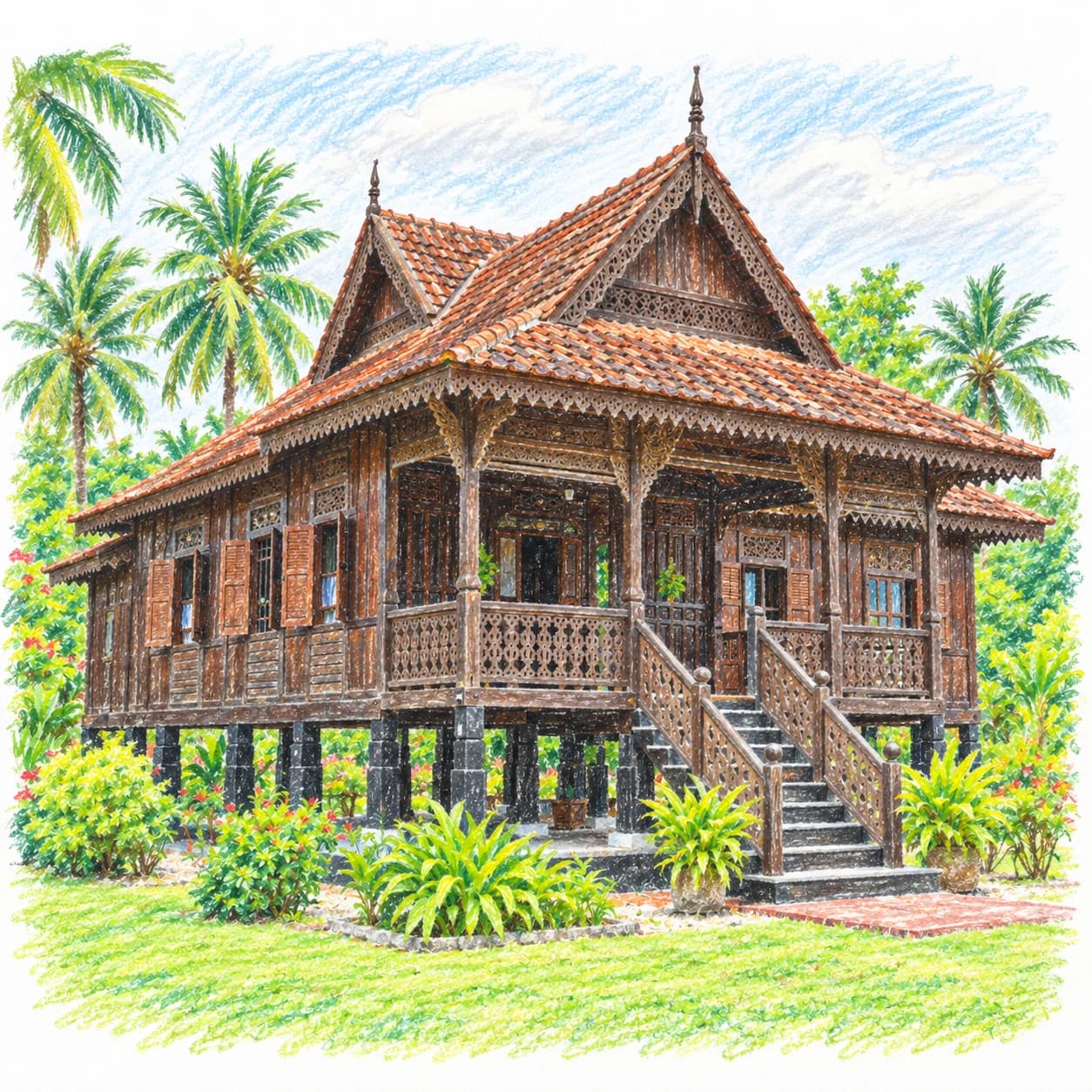 Modèle colorié: Coloriage de la Malaisie : maison en bois sur pilotis