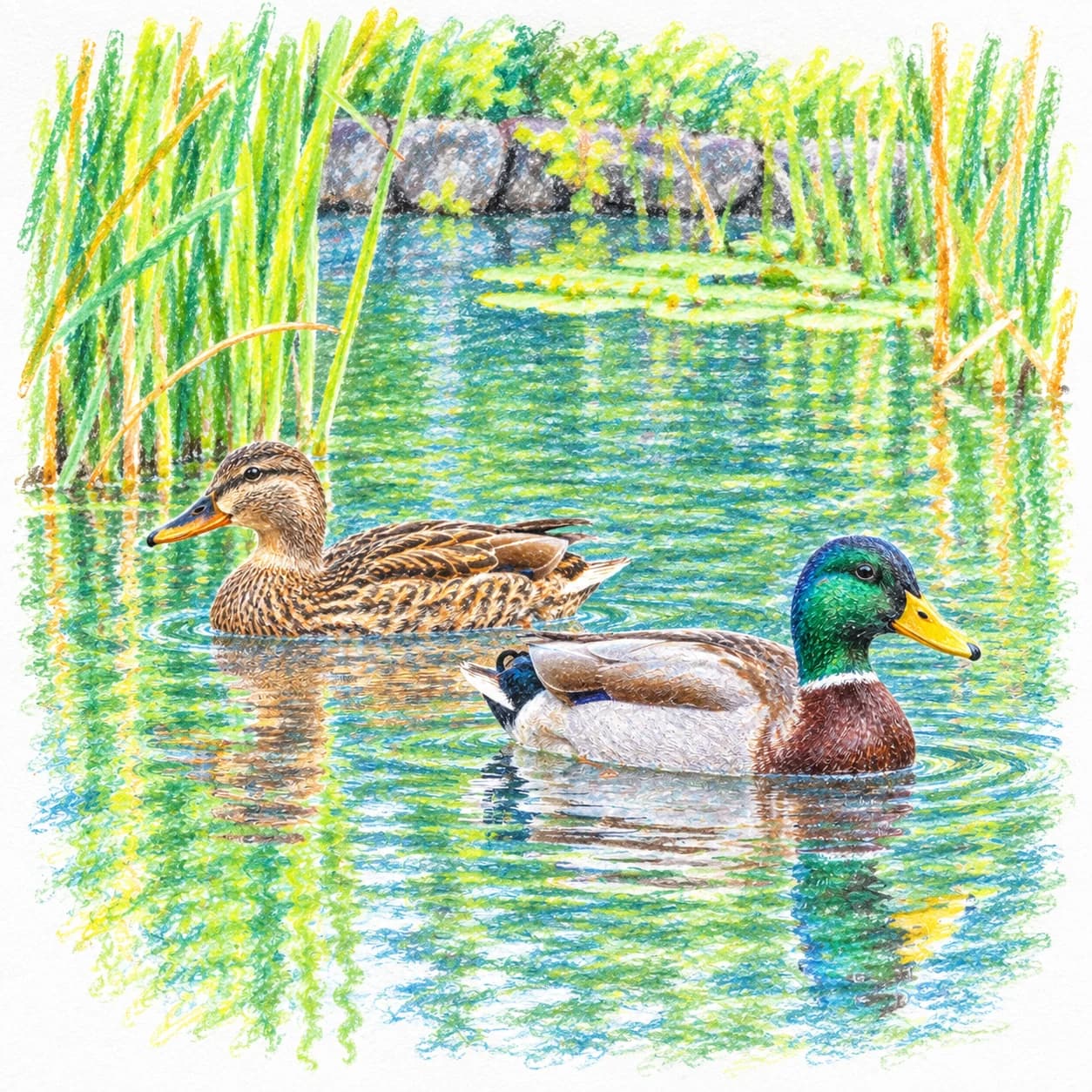 Modèle colorié: Coloriage de canards colverts
