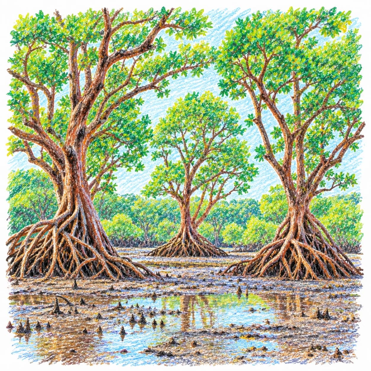 Modèle colorié: Coloriage d'une forêt de mangrove : clairière ancienne