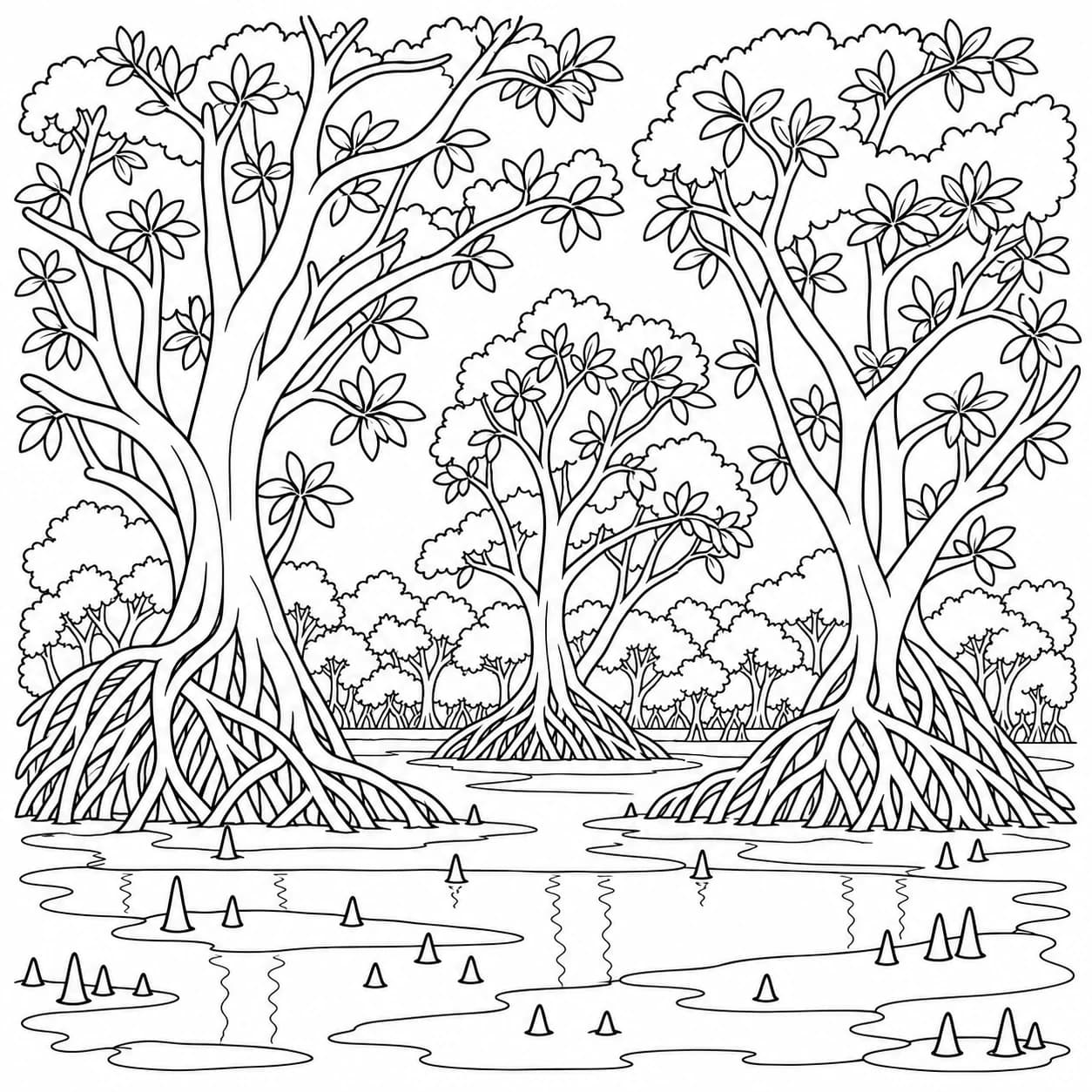 Coloriage: Coloriage d'une forêt de mangrove : clairière ancienne
