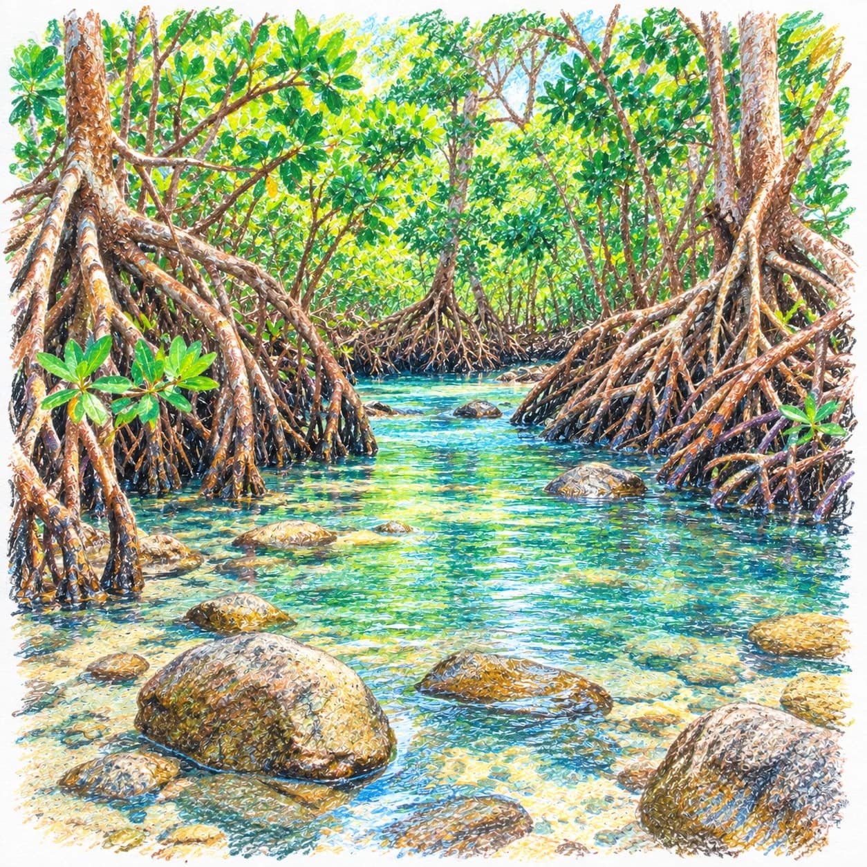 Modèle colorié: Coloriage d'une forêt de mangrove : ruisseau limpide