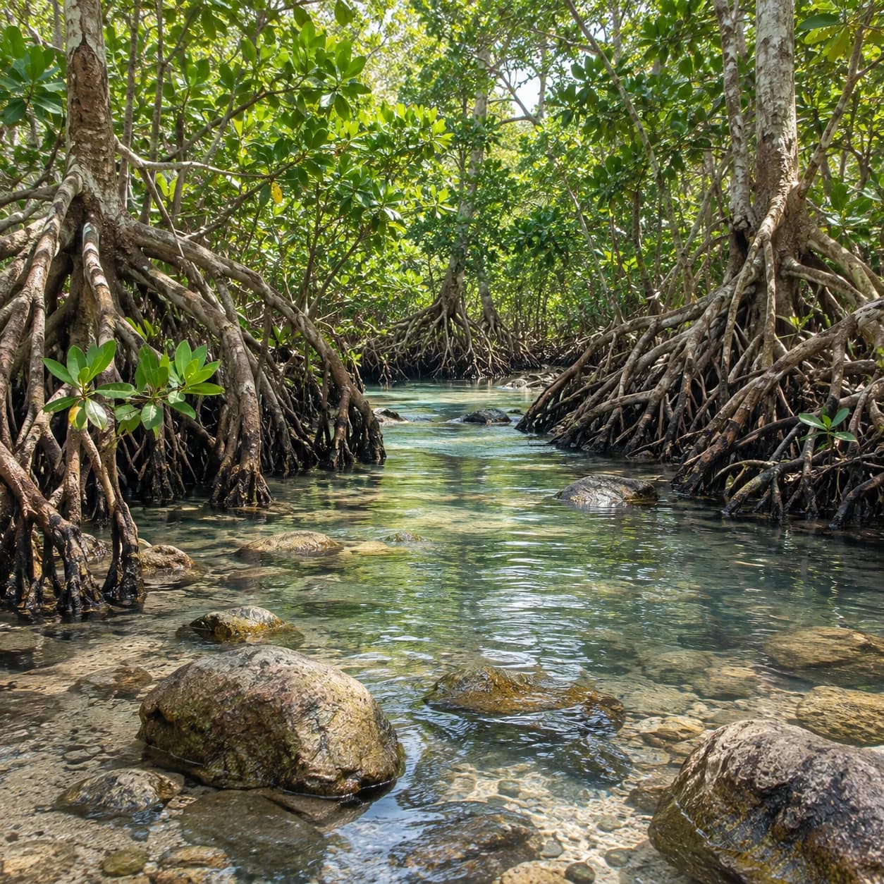 Photo réaliste: Coloriage d'une forêt de mangrove : ruisseau limpide