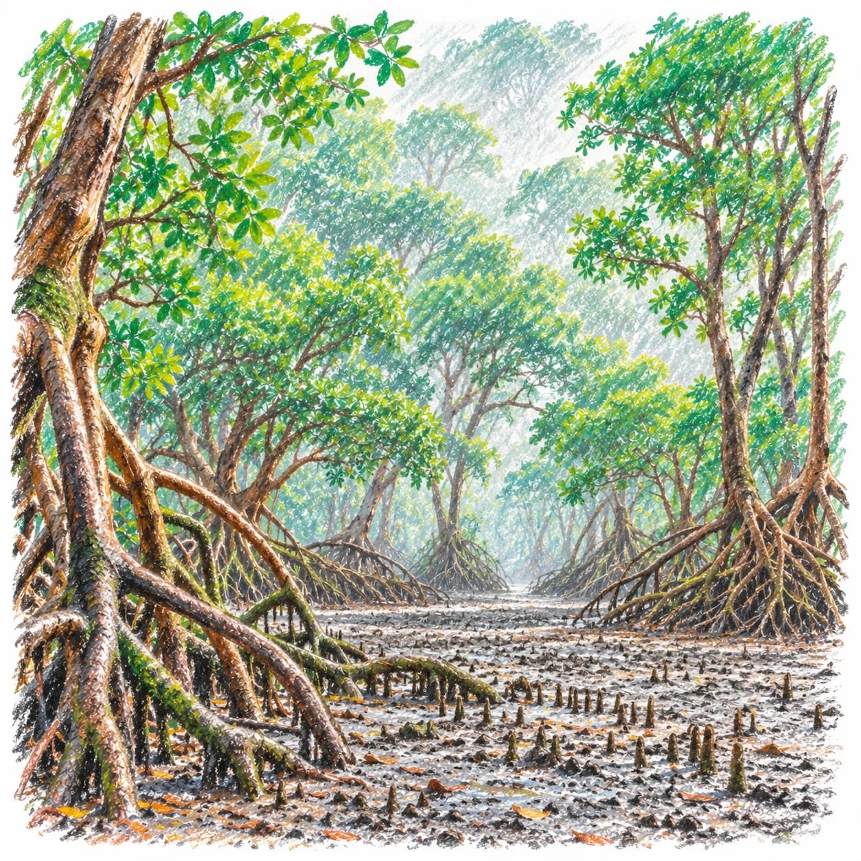 Colored model: Mangrove forest misty canopy coloring page