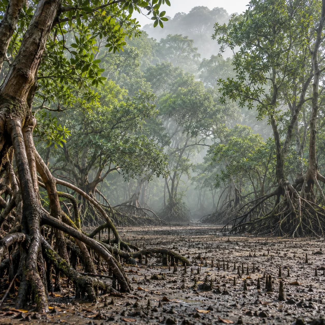 Realistic source: Mangrove forest misty canopy coloring page