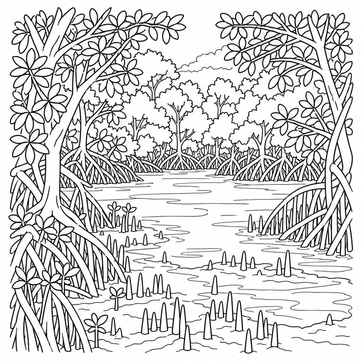 Coloriage: Coloriage d'une forêt de mangrove : clairière ensoleillée