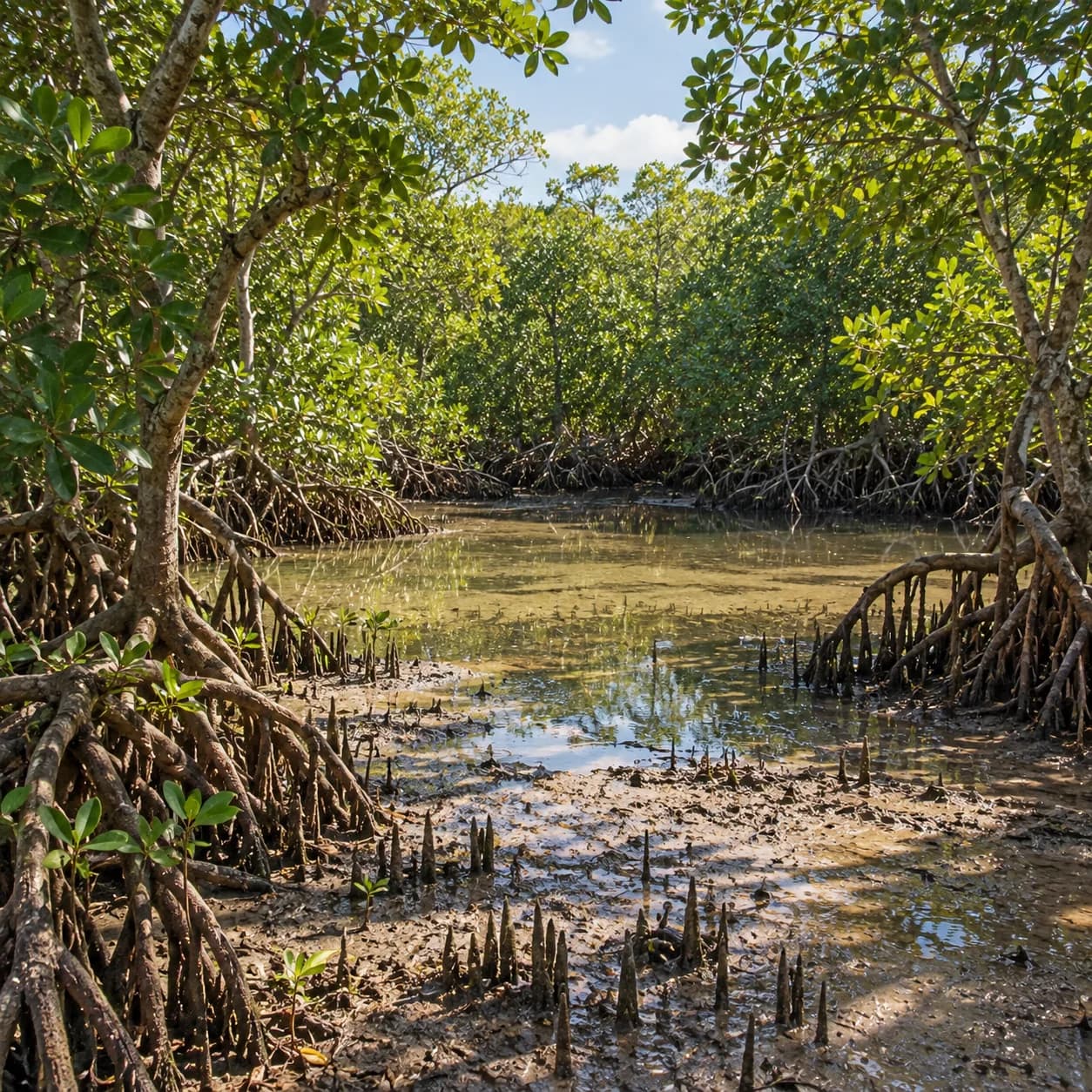 Realistic source: Mangrove forest sunlit clearing coloring page