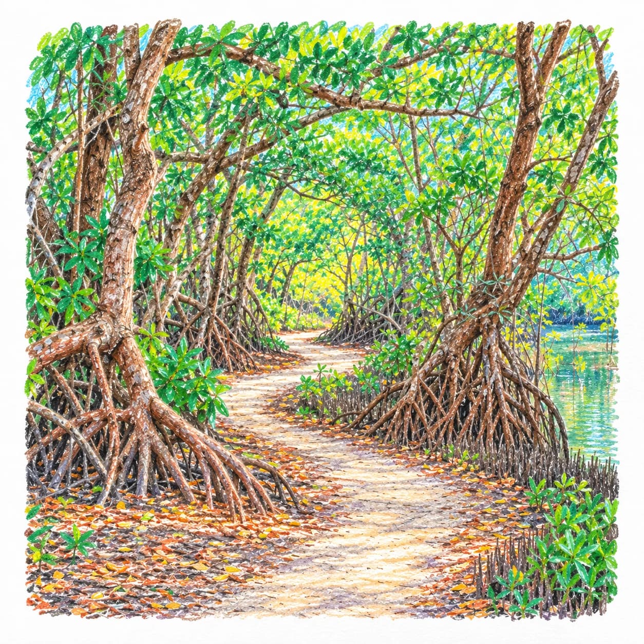Modèle colorié: Coloriage d'une forêt de mangrove : sentier sinueux