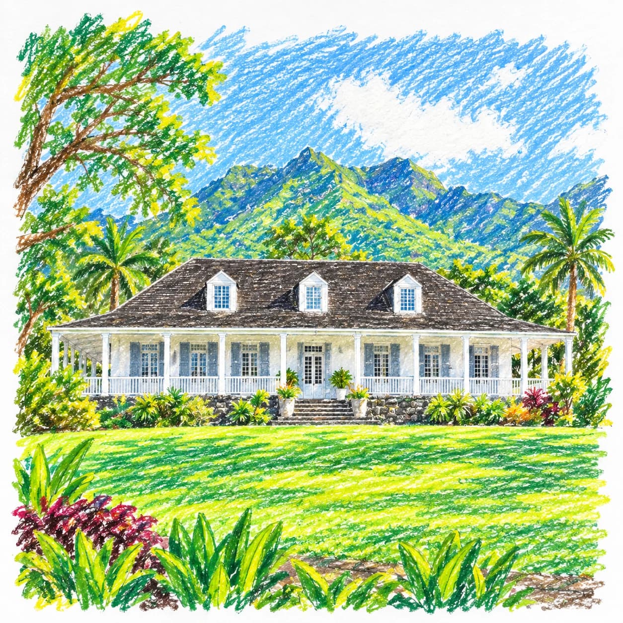Modèle colorié: Coloriage de l'île Maurice : maison coloniale