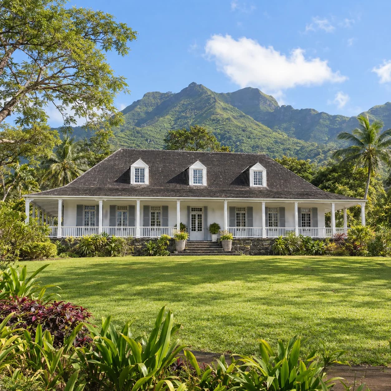 Realistic source: Mauritius coloring page: colonial house and peaks