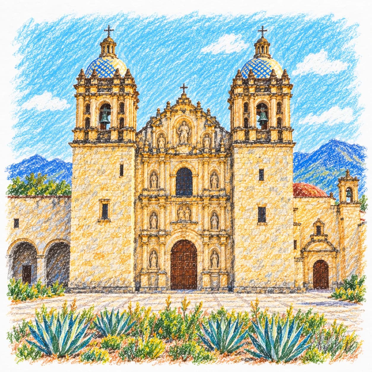 Modèle colorié: Coloriage du Mexique : église baroque et agaves