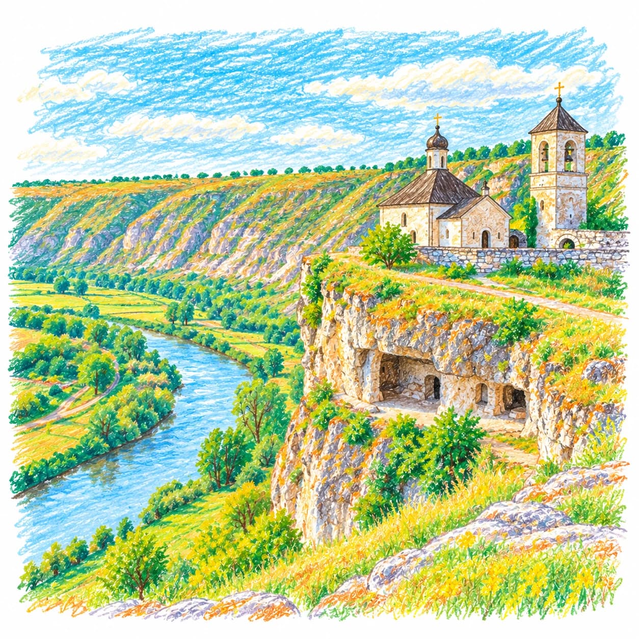 Modèle colorié: Coloriage de la Moldavie : église sur la falaise